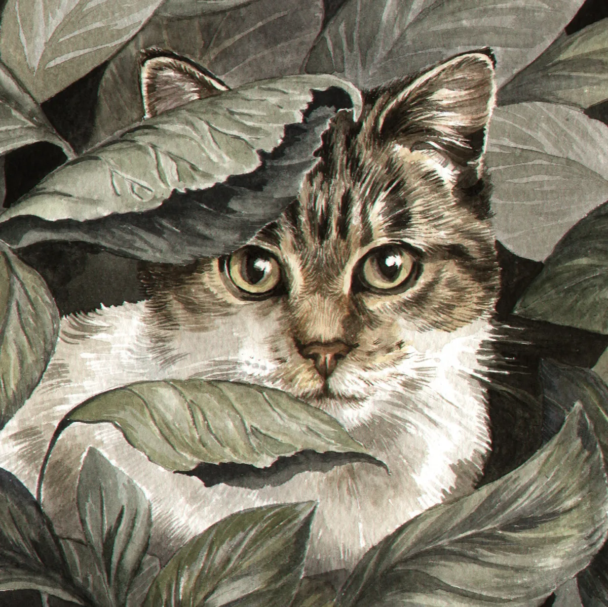 Watercolour portrait of a tabby and white cat staring out from between large leaves