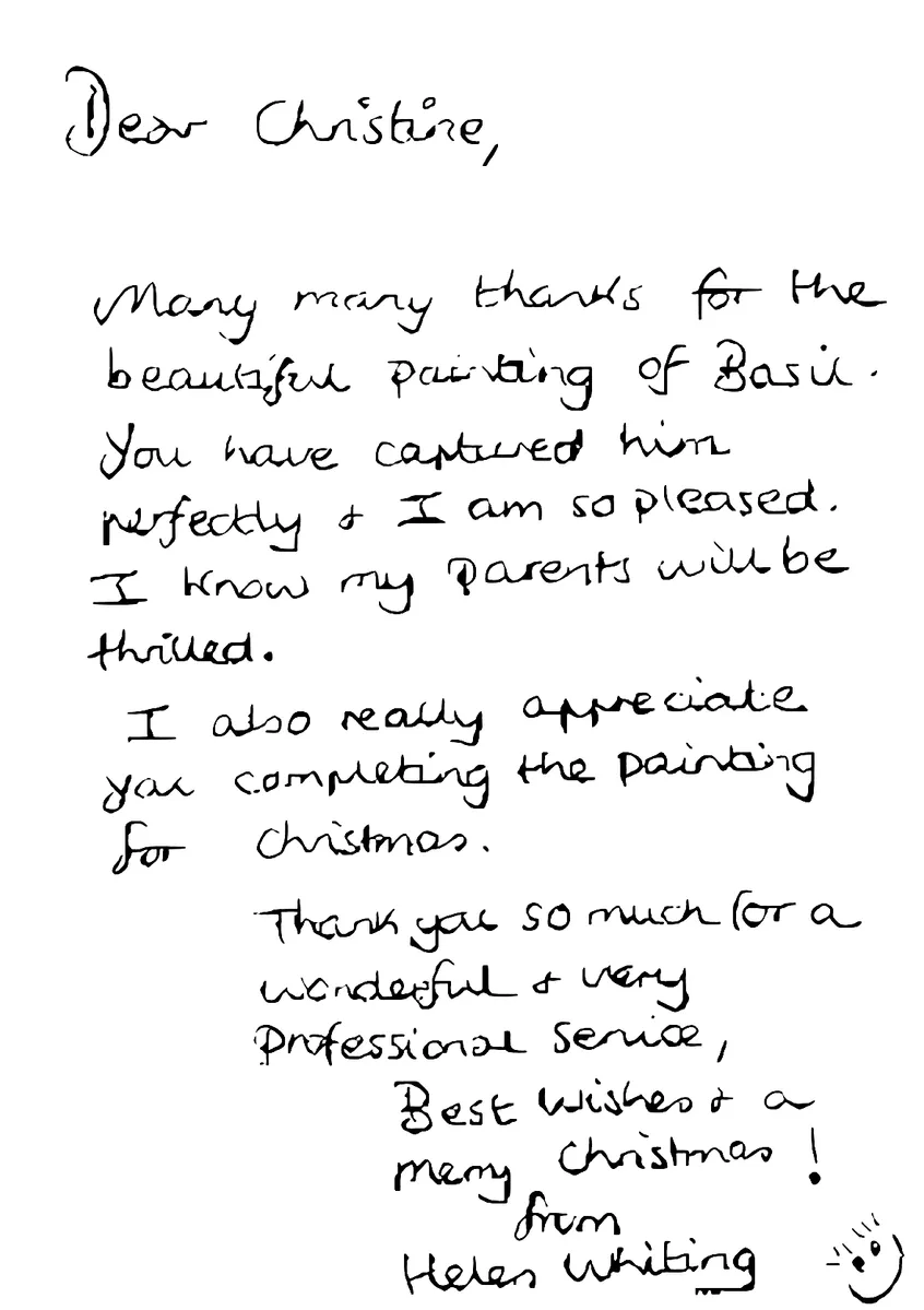 Helen Whiting's handwritten letter thanking Christine for the painting of Basil