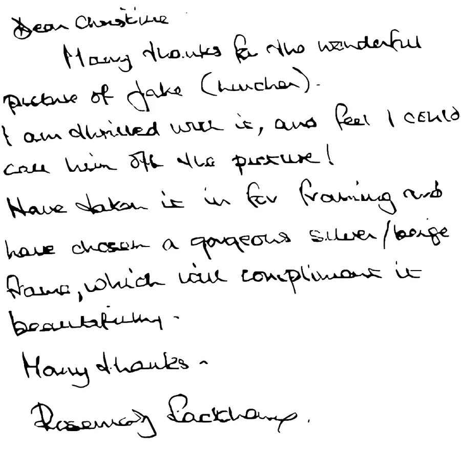 Rosemary Packham's handwritten letter thanking Christine for the picture of Jake